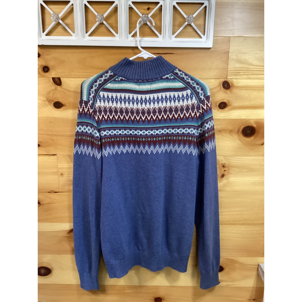 IZOD Mens Medium Blue Fair Isle 100% Cotton Quarter Button Mock Neck Sweater - Picture 2 of 7